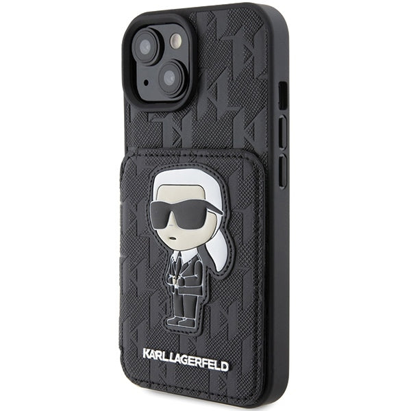 Capa para Apple iPhone 15, Karl Lagerfeld, Saffiano com Slots para Cartões e Suporte Monograma Ikonik Karl, Preta