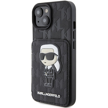 Capa para Apple iPhone 15, Karl Lagerfeld, Saffiano com Slots para Cartões e Suporte Monograma Ikonik Karl, Preta