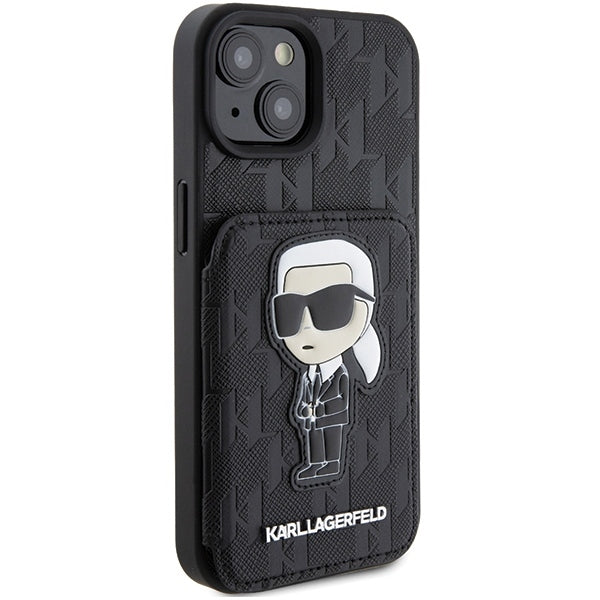 Capa para Apple iPhone 15, Karl Lagerfeld, Saffiano com Slots para Cartões e Suporte Monograma Ikonik Karl, Preta
