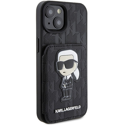 Capa para Apple iPhone 15, Karl Lagerfeld, Saffiano com Slots para Cartões e Suporte Monograma Ikonik Karl, Preta