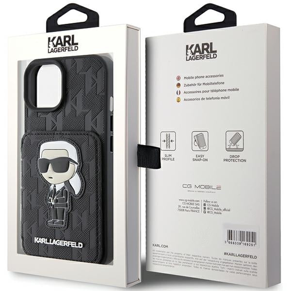 Capa para Apple iPhone 15, Karl Lagerfeld, Saffiano com Slots para Cartões e Suporte Monograma Ikonik Karl, Preta