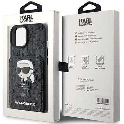 Capa para Apple iPhone 15, Karl Lagerfeld, Saffiano com Slots para Cartões e Suporte Monograma Ikonik Karl, Preta