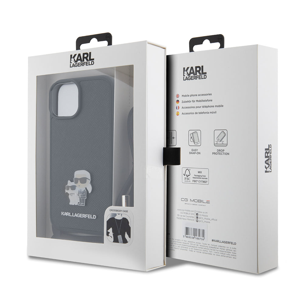 Capa para Apple iPhone 15, Karl Lagerfeld, Saffiano Crossbody Metal Pin Karl & Choupette, Preta.