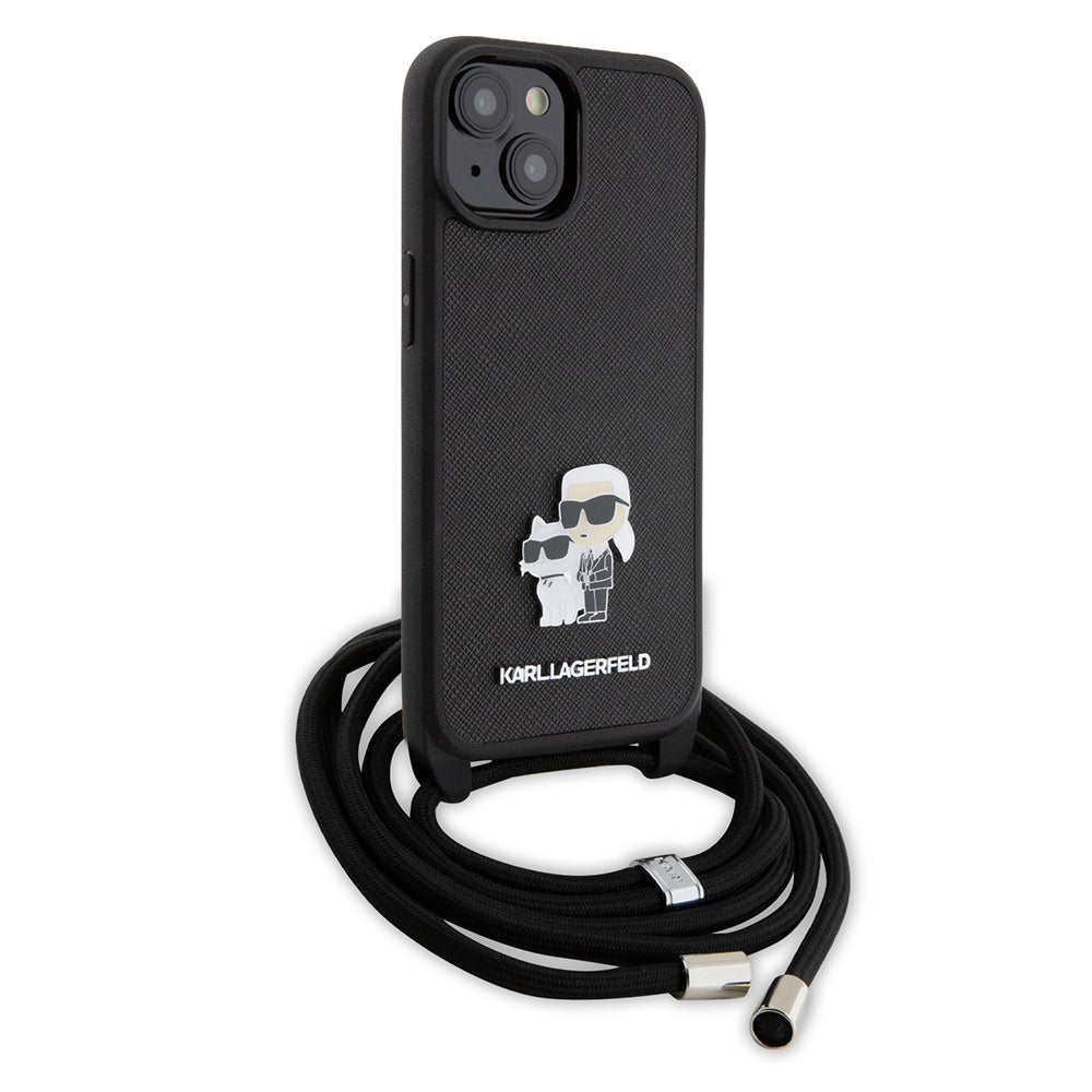 Capa para Apple iPhone 15, Karl Lagerfeld, Saffiano Crossbody Metal Pin Karl & Choupette, Preta.
