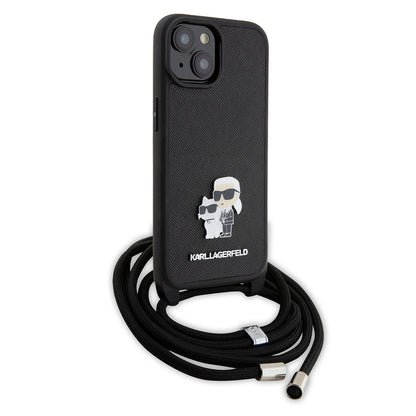 Capa para Apple iPhone 15, Karl Lagerfeld, Saffiano Crossbody Metal Pin Karl & Choupette, Preta.
