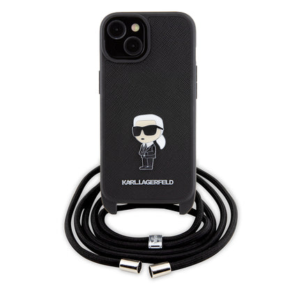 Capa para Apple iPhone 15, Karl Lagerfeld, Saffiano Crossbody Monogram Metal Pin Karl, Preta