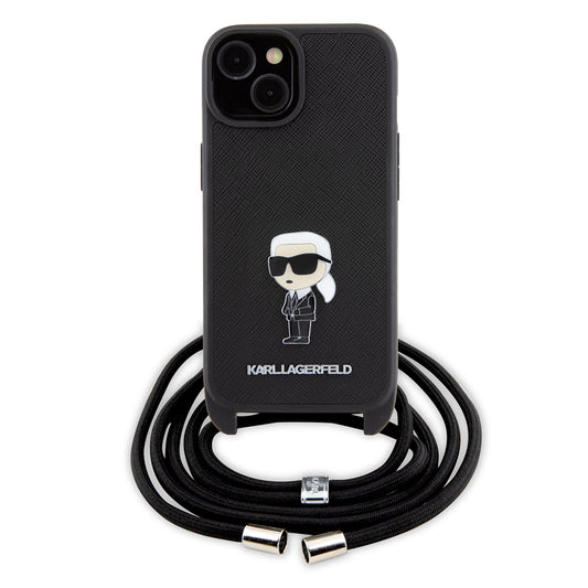 Capa para Apple iPhone 15, Karl Lagerfeld, Saffiano Crossbody Monogram Metal Pin Karl, Preta