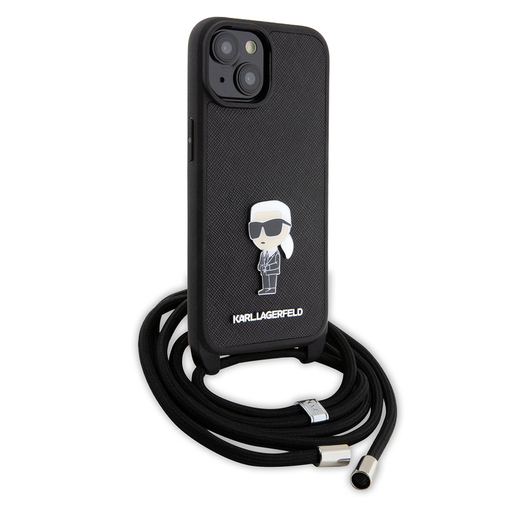 Capa para Apple iPhone 15, Karl Lagerfeld, Saffiano Crossbody Monogram Metal Pin Karl, Preta