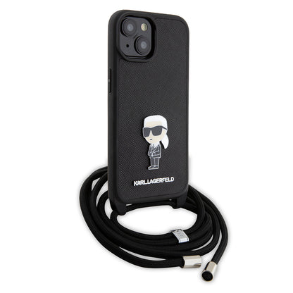 Capa para Apple iPhone 15, Karl Lagerfeld, Saffiano Crossbody Monogram Metal Pin Karl, Preta