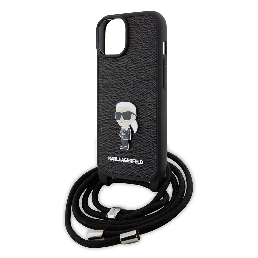 Capa para Apple iPhone 15, Karl Lagerfeld, Saffiano Crossbody Monogram Metal Pin Karl, Preta