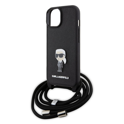 Capa para Apple iPhone 15, Karl Lagerfeld, Saffiano Crossbody Monogram Metal Pin Karl, Preta