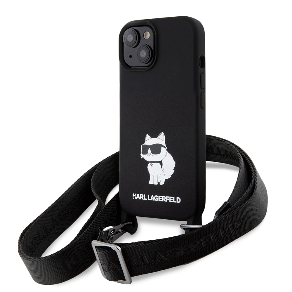 Capa para Apple iPhone 15, Karl Lagerfeld, Silicone Crossbody Choupette, Preta
