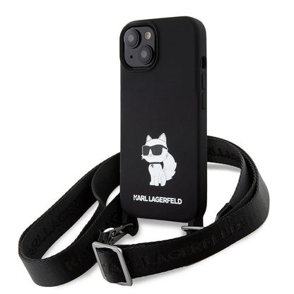 Capa para Apple iPhone 15, Karl Lagerfeld, Silicone Crossbody Choupette, Preta