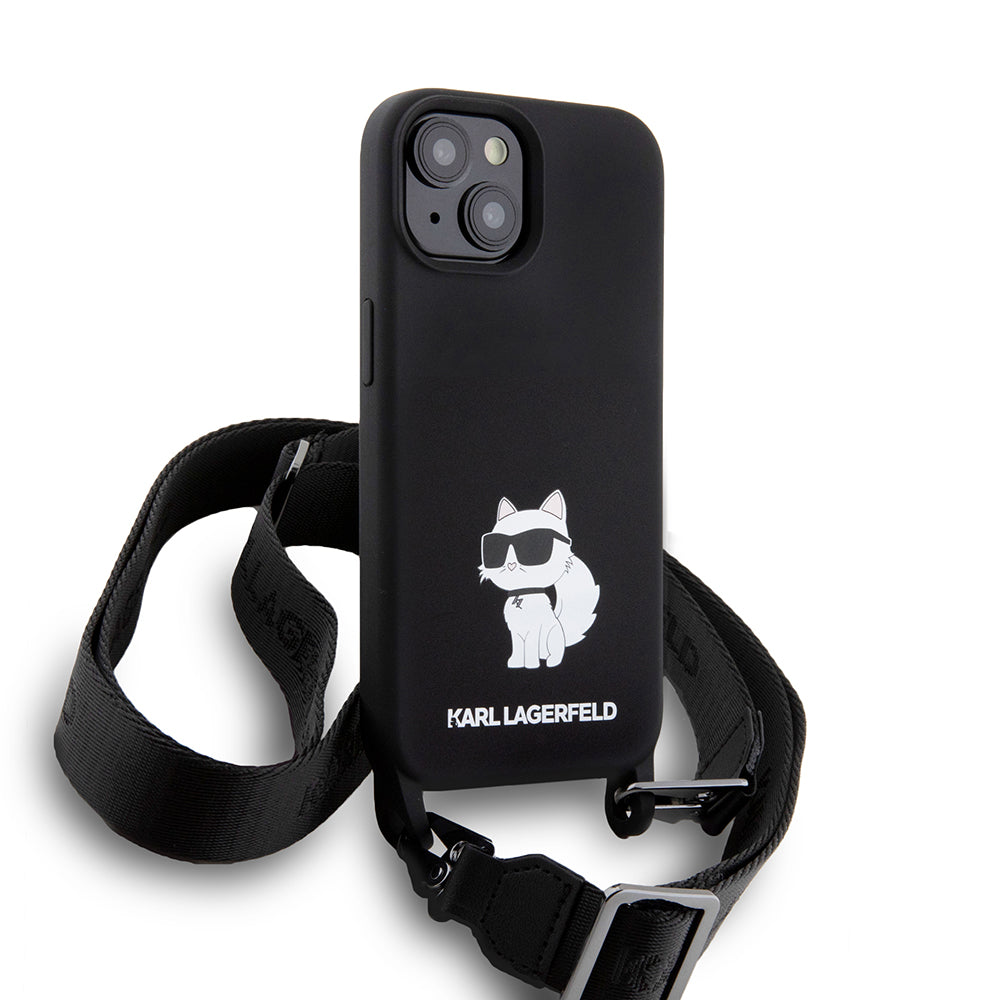 Capa para Apple iPhone 15, Karl Lagerfeld, Silicone Crossbody Choupette, Preta