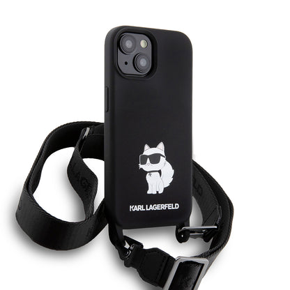 Capa para Apple iPhone 15, Karl Lagerfeld, Silicone Crossbody Choupette, Preta