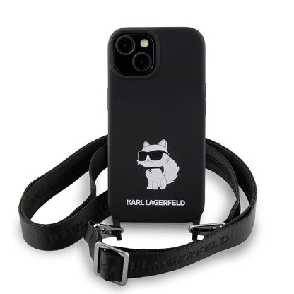 Capa para Apple iPhone 15, Karl Lagerfeld, Silicone Crossbody Choupette, Preta