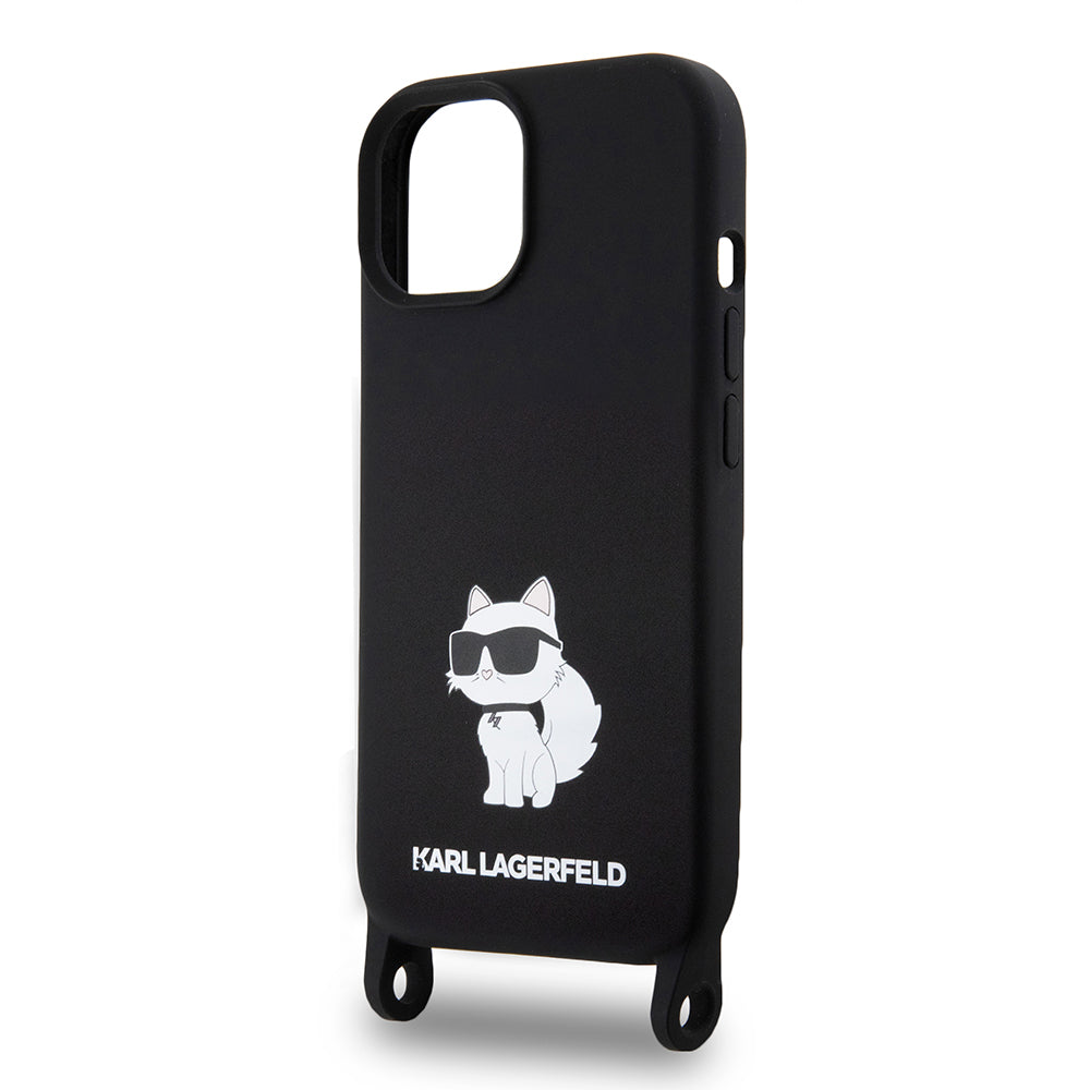 Capa para Apple iPhone 15, Karl Lagerfeld, Silicone Crossbody Choupette, Preta