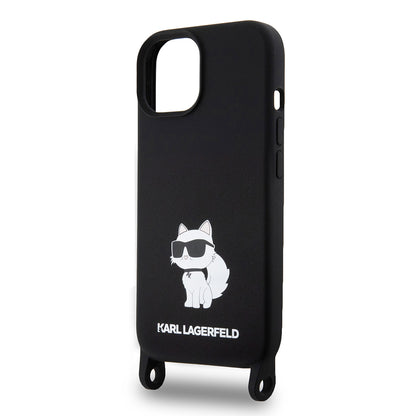 Capa para Apple iPhone 15, Karl Lagerfeld, Silicone Crossbody Choupette, Preta