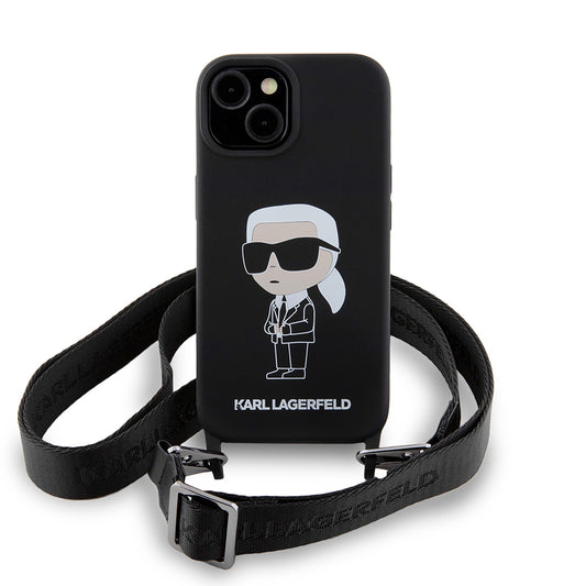 Capa para Apple iPhone 15, Karl Lagerfeld, Silicone Crossbody Ikonik Karl, Preta