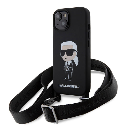 Capa para Apple iPhone 15, Karl Lagerfeld, Silicone Crossbody Ikonik Karl, Preta