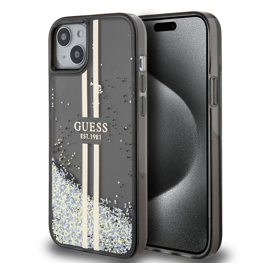 Capa para Apple iPhone 15 Plus, Guess, Liquid Glitter Gold Stripes, Preta