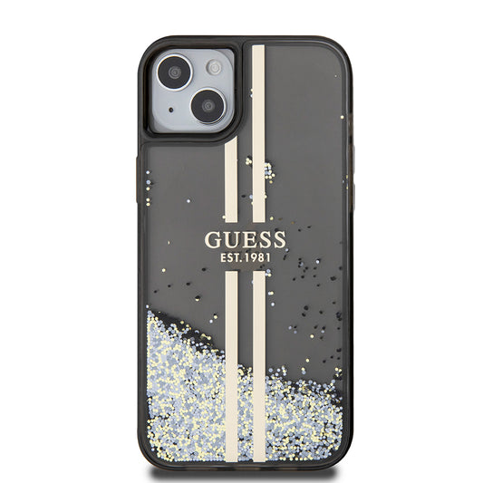 Capa para Apple iPhone 15 Plus, Guess, Liquid Glitter Gold Stripes, Preta