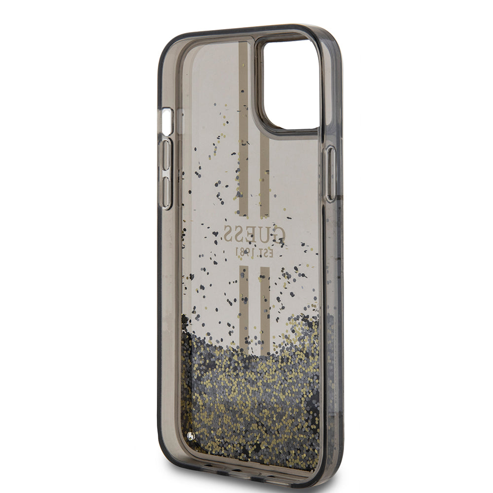 Case for Apple iPhone 15 Plus, Guess, Liquid Glitter Gold Stripes, Black