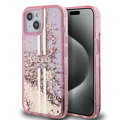 Capa para Apple iPhone 15 Plus, Guess, Liquid Glitter Gold Stripes, Rosa