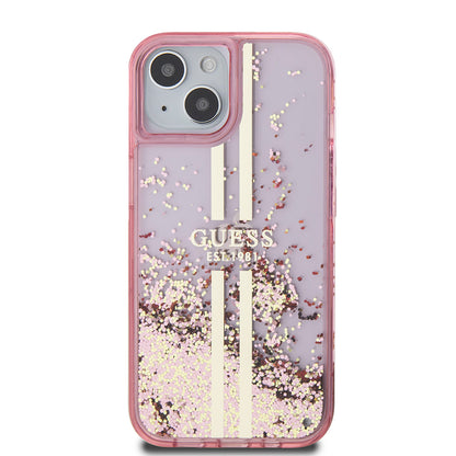 Capa para Apple iPhone 15 Plus, Guess, Liquid Glitter Gold Stripes, Rosa