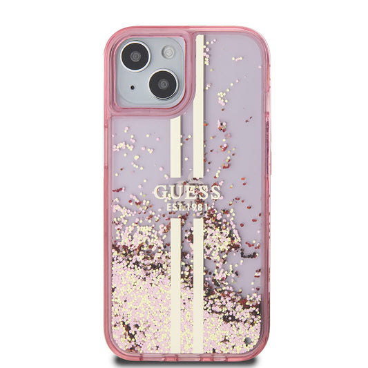 Capa para Apple iPhone 15 Plus, Guess, Liquid Glitter Gold Stripes, Rosa