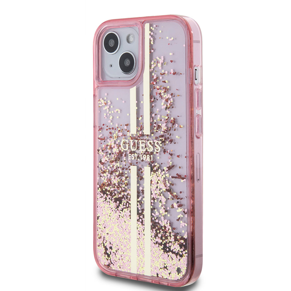 Capa para Apple iPhone 15 Plus, Guess, Liquid Glitter Gold Stripes, Rosa