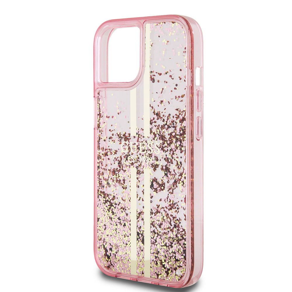 Capa para Apple iPhone 15 Plus, Guess, Liquid Glitter Gold Stripes, Rosa
