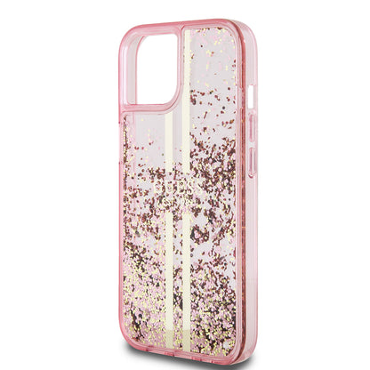 Capa para Apple iPhone 15 Plus, Guess, Liquid Glitter Gold Stripes, Rosa