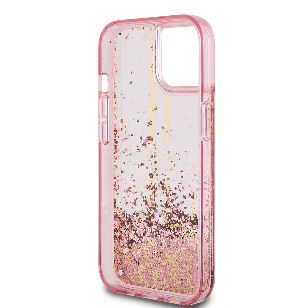 Capa para Apple iPhone 15 Plus, Guess, Liquid Glitter Gold Stripes, Rosa