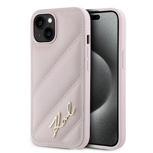 Capa para Apple iPhone 15 Plus, Karl Lagerfeld, Diagonal Quilted Script, Rosa