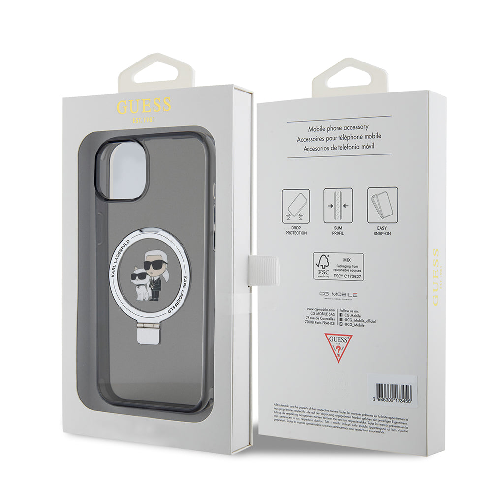 Capa para Apple iPhone 15 Plus, Karl Lagerfeld, Ringstand Karl & Choupette, Preta