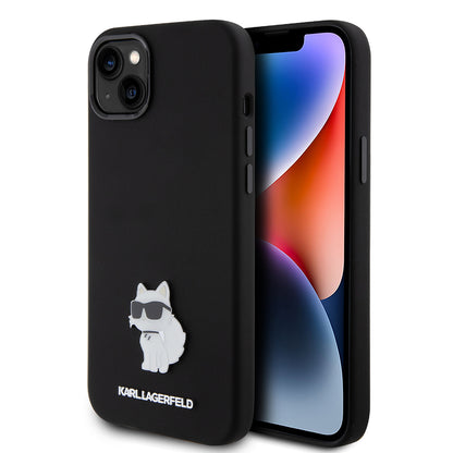 Capa para Apple iPhone 15 Plus, Karl Lagerfeld, Silicone Choupette Metal, Preta