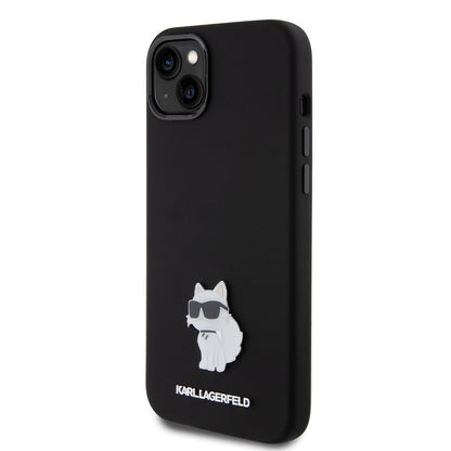 Capa para Apple iPhone 15 Plus, Karl Lagerfeld, Silicone Choupette Metal, Preta