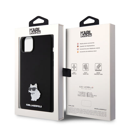 Capa para Apple iPhone 15 Plus, Karl Lagerfeld, Silicone Choupette Metal, Preta