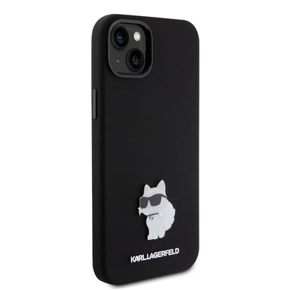 Capa para Apple iPhone 15 Plus, Karl Lagerfeld, Silicone Choupette Metal, Preta