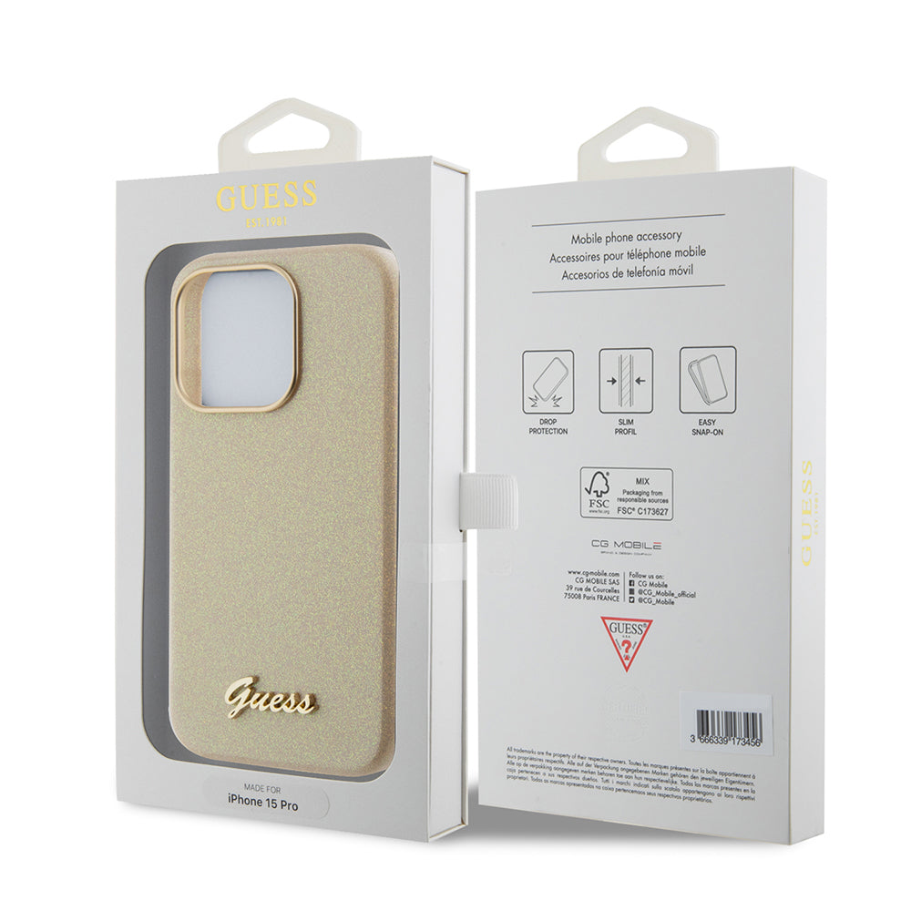 Capa para Apple iPhone 15 Pro, Guess, Glitter Glossy Script, Bege