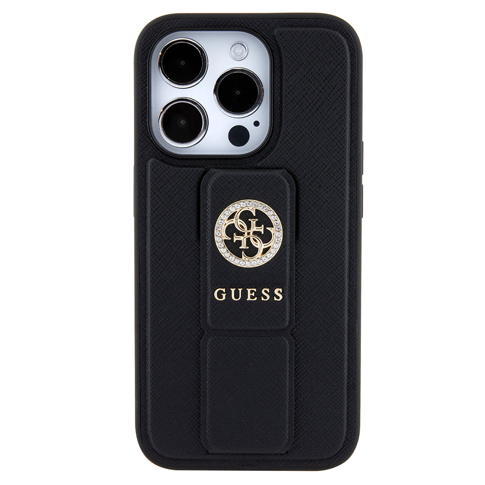 Capa para Apple iPhone 15 Pro, Guess, Grip Stand 4G Saffiano Strass, Preta