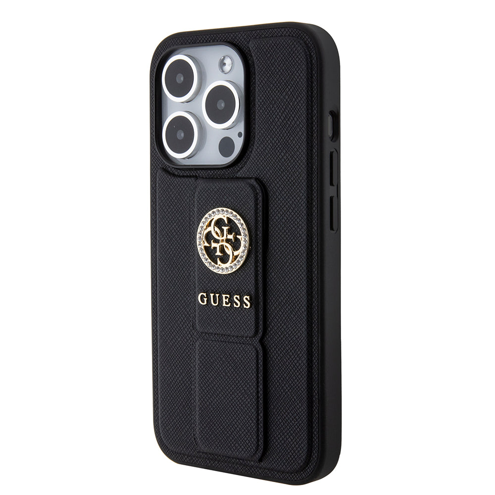 Capa para Apple iPhone 15 Pro, Guess, Grip Stand 4G Saffiano Strass, Preta