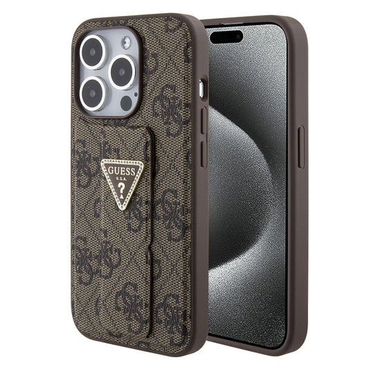 Capa para Apple iPhone 15 Pro, Guess, Grip Stand 4G Triangle Strass, Marrom