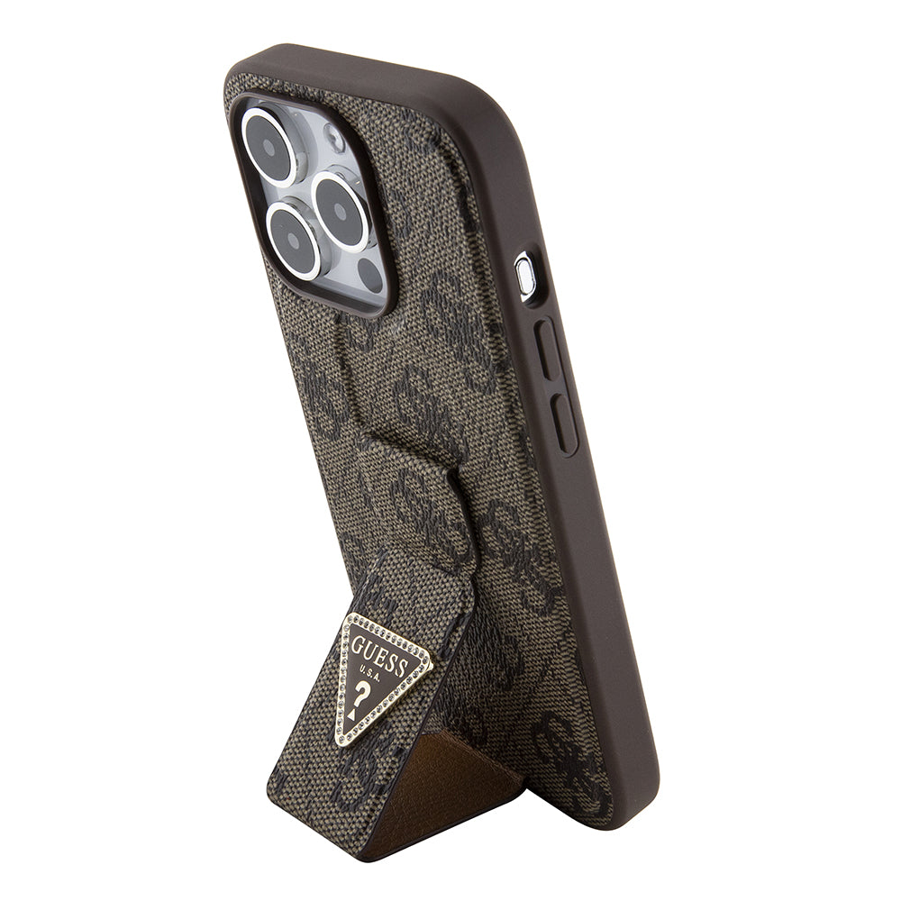 Capa para Apple iPhone 15 Pro, Guess, Grip Stand 4G Triangle Strass, Marrom