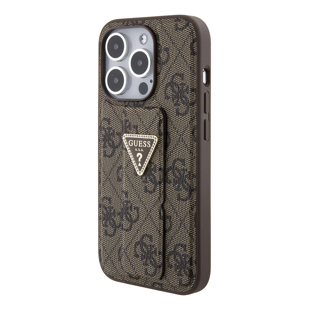 Capa para Apple iPhone 15 Pro, Guess, Grip Stand 4G Triangle Strass, Marrom