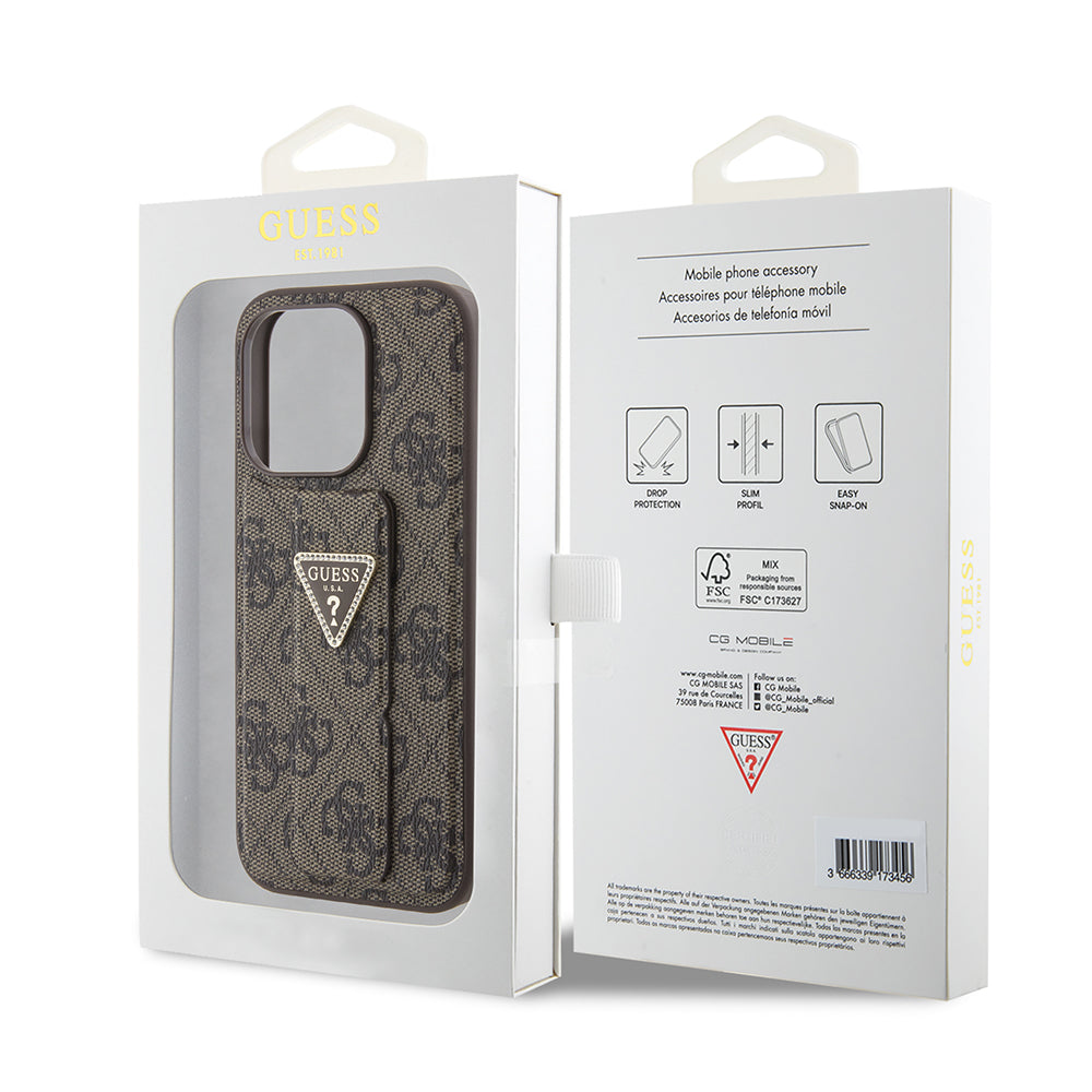 Capa para Apple iPhone 15 Pro, Guess, Grip Stand 4G Triangle Strass, Marrom