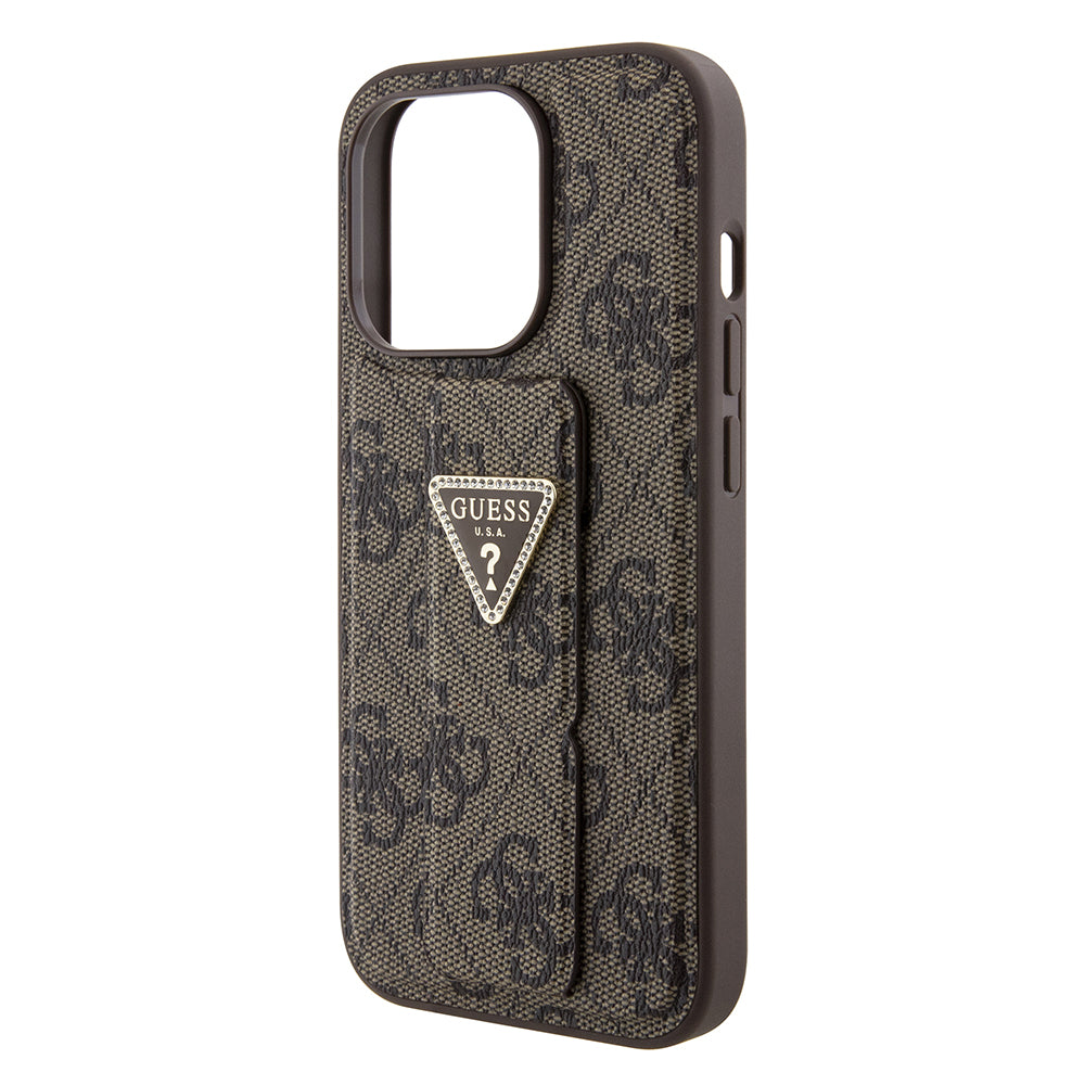 Capa para Apple iPhone 15 Pro, Guess, Grip Stand 4G Triangle Strass, Marrom