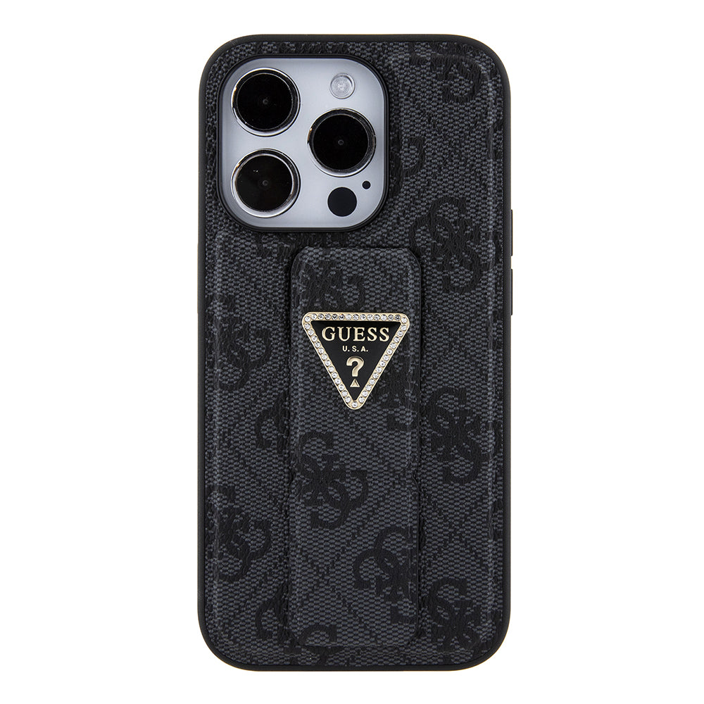 Capa para Apple iPhone 15 Pro, Guess, Grip Stand 4G Triangle Strass, Preta