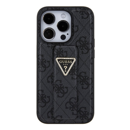 Capa para Apple iPhone 15 Pro, Guess, Grip Stand 4G Triangle Strass, Preta